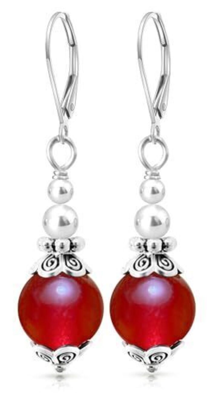 2955 Natural 10mm Red Quartz Jasper Gem Stone Bead Drop Earrings,Vintage